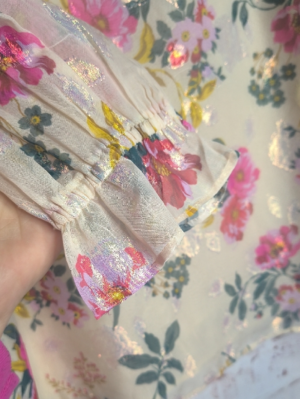LOFT Cream Floral Blouse with Pink & Green Accents - Picture 3 of 7